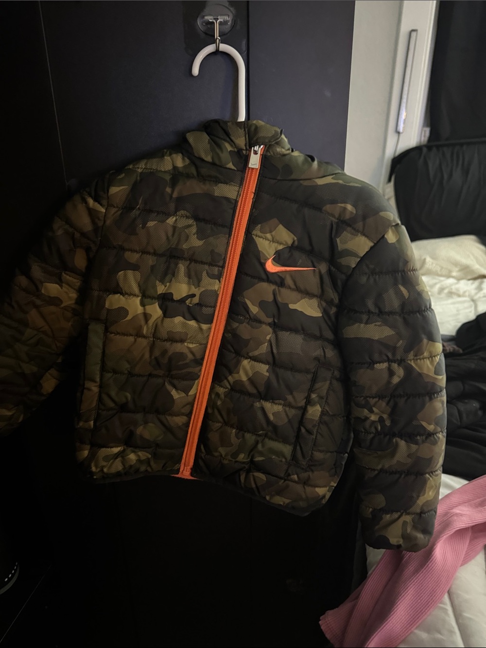 Nike Kids Camo Puffer Jacket with Orange Zip and Logo